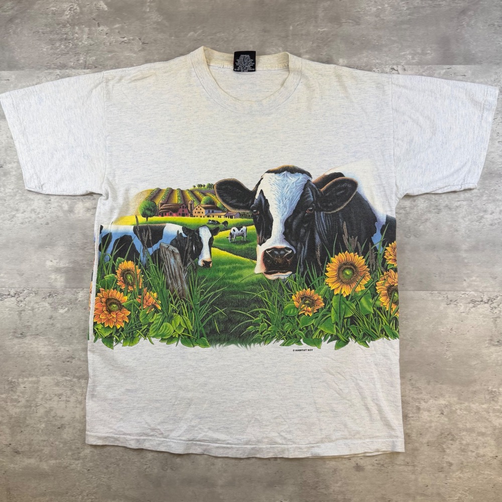 Vintage 90s Signal Sport Cow Sunflower Graphic T-Shirt Mens Large Gray 1995